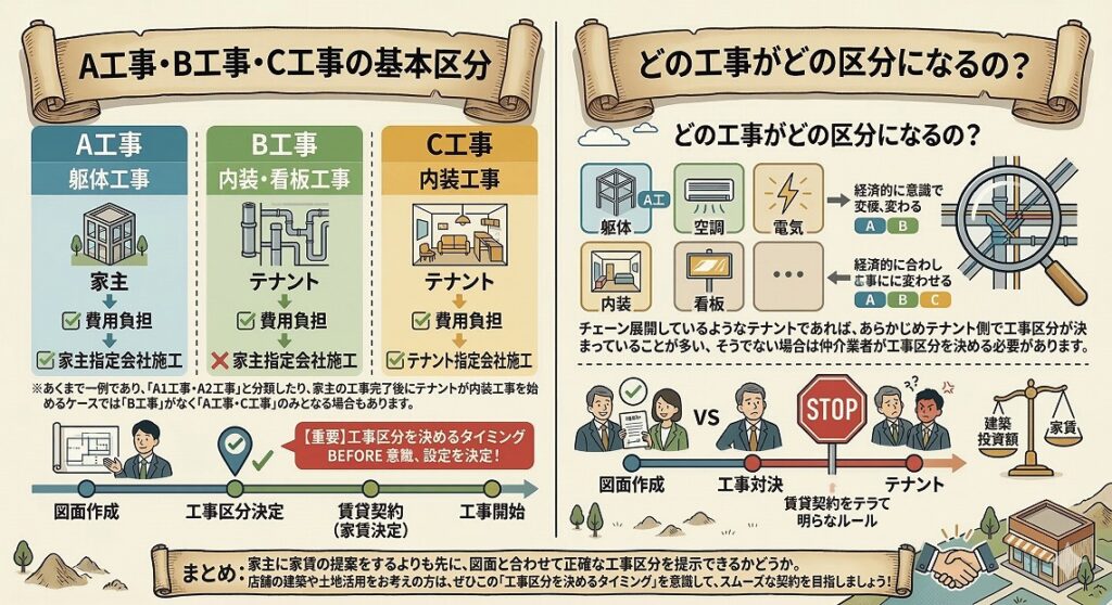 【店舗活用】トラブルを防ぐ！A工事・B工事・C工事の違いと、工事区分を決める最適なタイミング